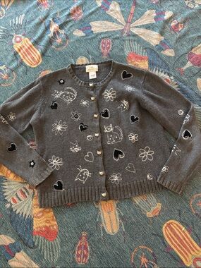 Super cute Vintage Susan Bristol Cat Button-Up Sweater w cat buttons S in gray